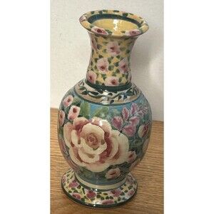 SANDY KREYER Vase Signed Hand Thrown Hand Painted Ceramic Floral 6” Cottage Core